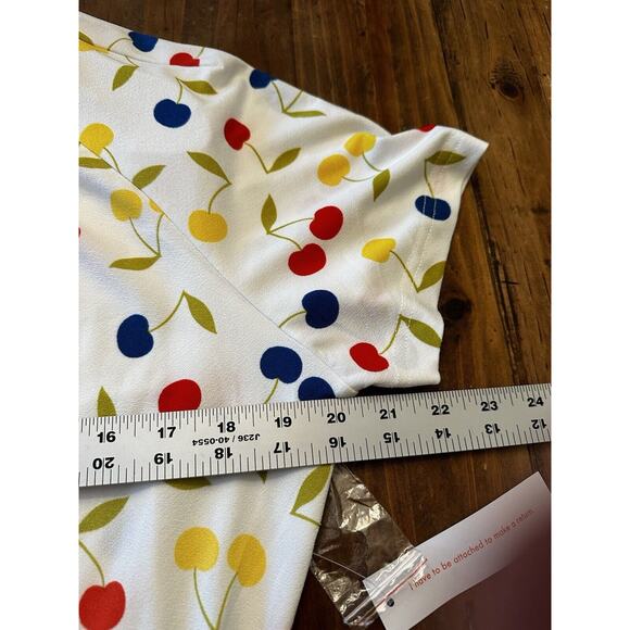 ModCloth Cherry 🍒 Print Retro Swing Dress Size Large White Colorful Belted - Picture 11 of 15